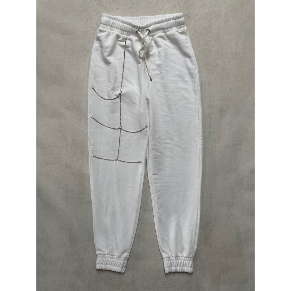 Bershka Womens White Chain Detail Joggers Y2K Streetwear Sweatpants Size S